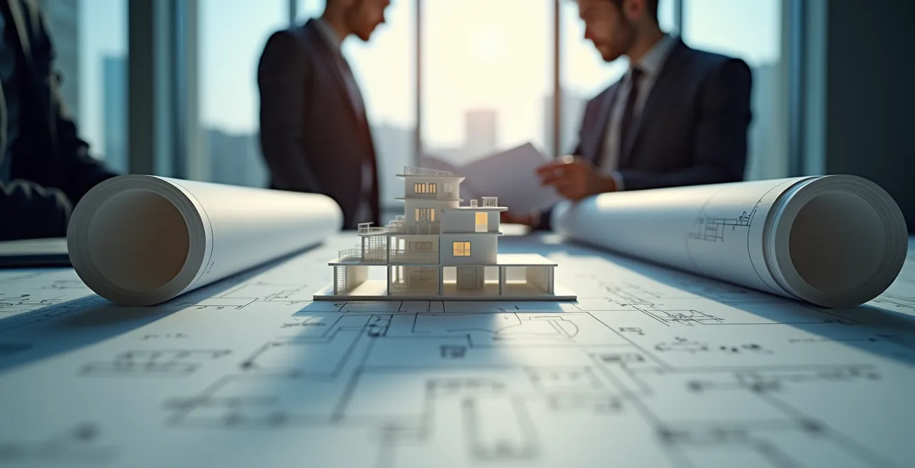 Architectural plans and 3D printing equipment in modern office setting