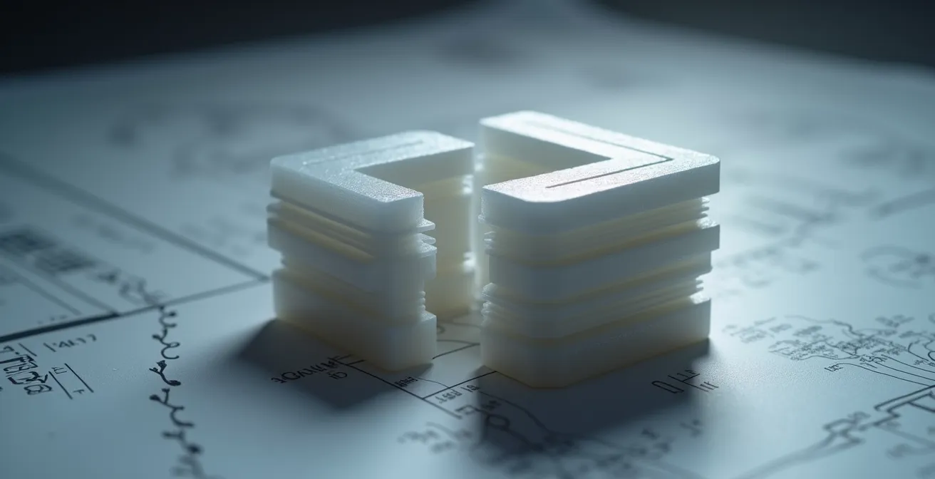 Macro view of 3D printed parts showing tolerance compensation features