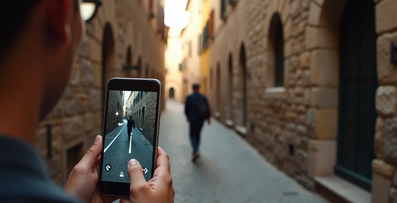 Person using AR navigation on smartphone in a narrow historic European street with digital waypoints overlaying the view