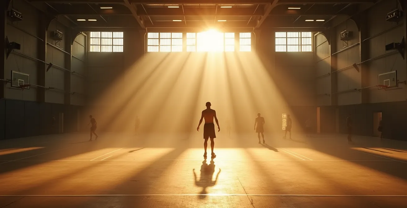 Wide environmental shot showing athlete maintaining focus through extended performance duration