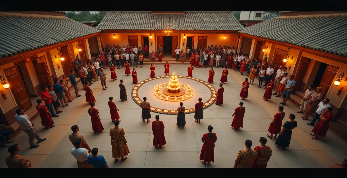 A traditional community festival with locals actively participating while respectful visitors observe from the periphery