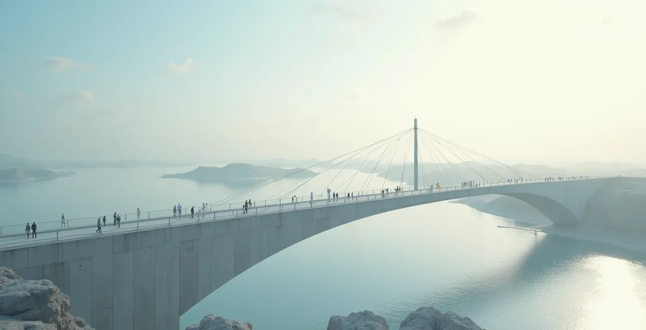 Abstract visualization of different software platforms connecting through a central data exchange hub