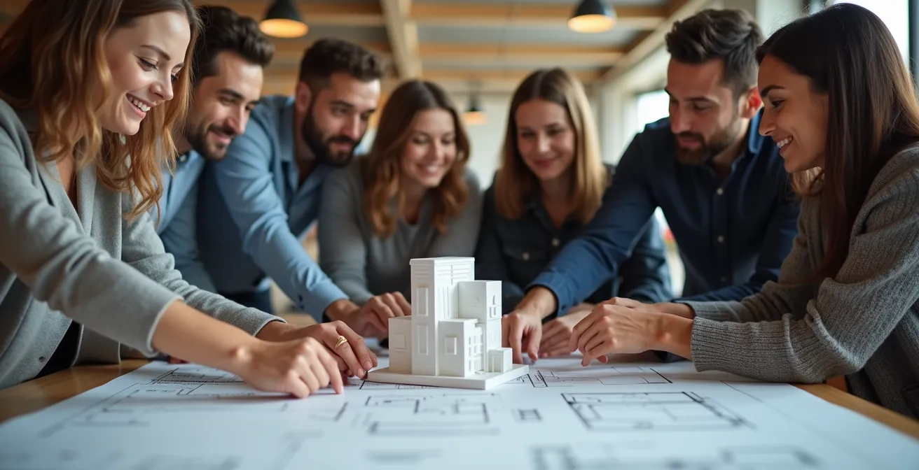 Diverse construction team members collaborating around a holographic building model in an open workspace