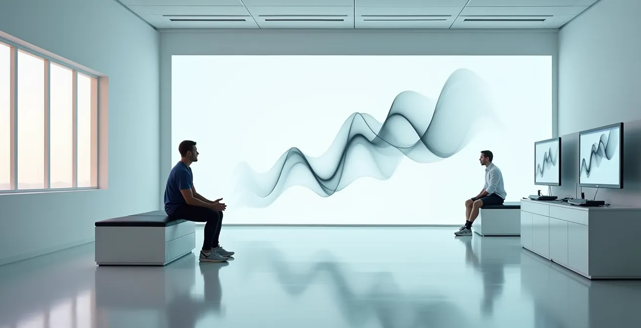 Athlete analyzing training data with coach in performance lab