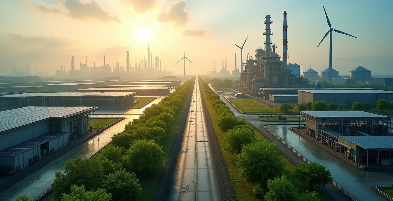 Sustainable aviation fuel production facility with solar panels and green technology