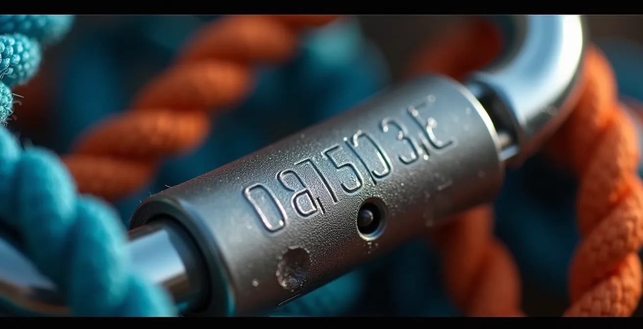 Extreme close-up of climbing carabiner showing authentic UIAA certification markings and wear patterns