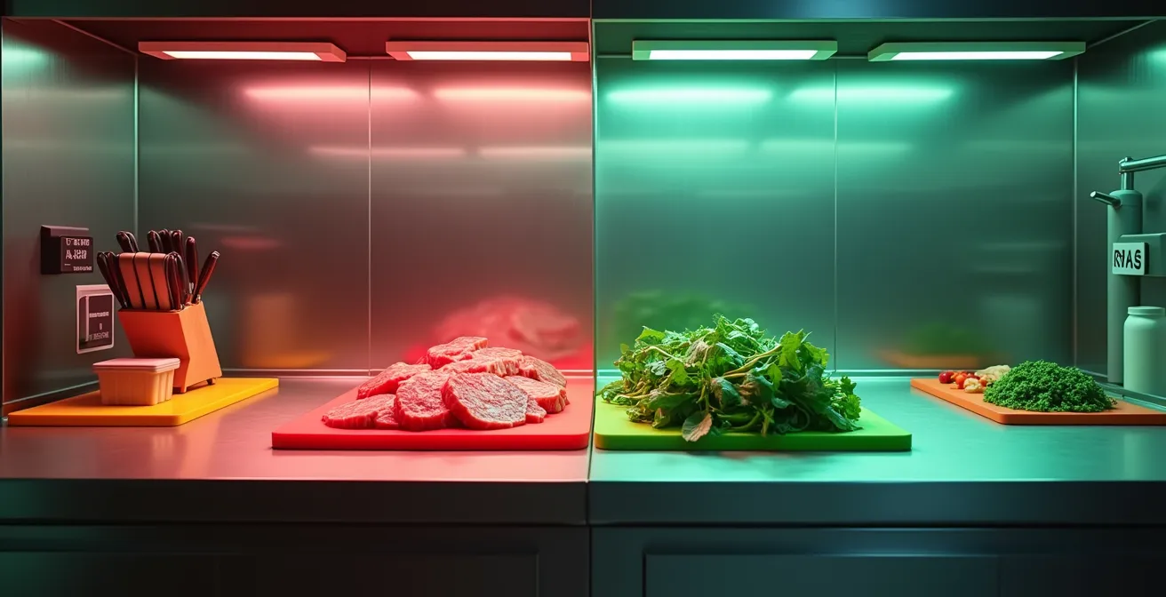 Professional kitchen prep station with separated zones for raw and ready-to-eat food preparation