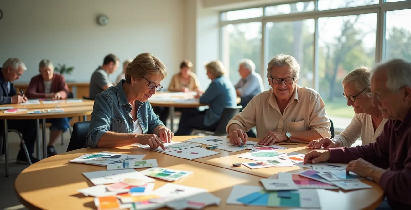 Wide shot of diverse community members engaged in collaborative art planning workshop with materials spread across tables