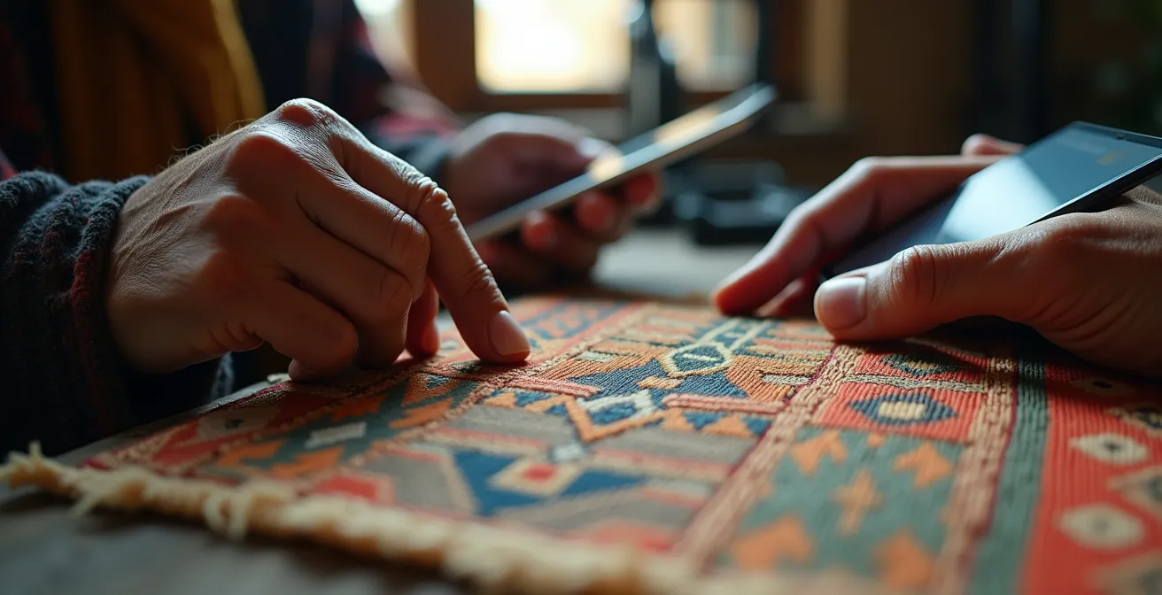 Extreme close-up of traditional textile patterns being documented with digital tools by local community members