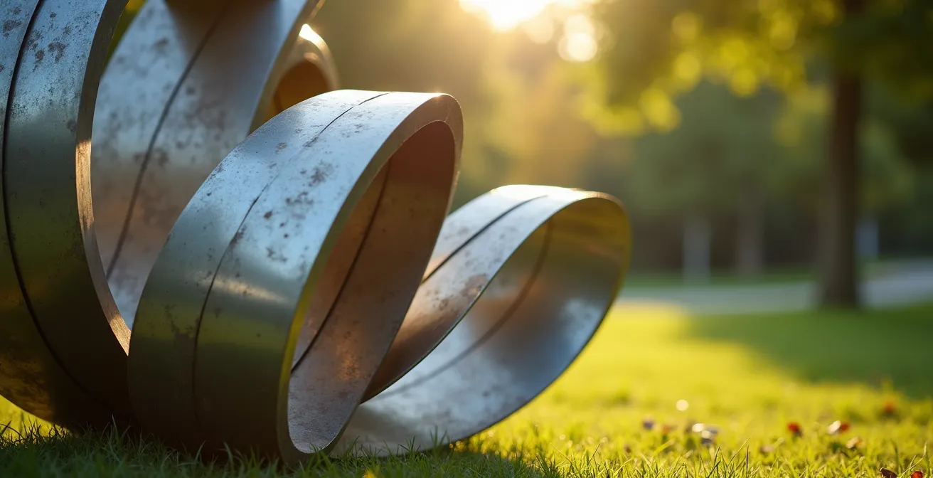 Macro detail of kinetic sculpture elements in natural park setting with organic movements mimicking nature