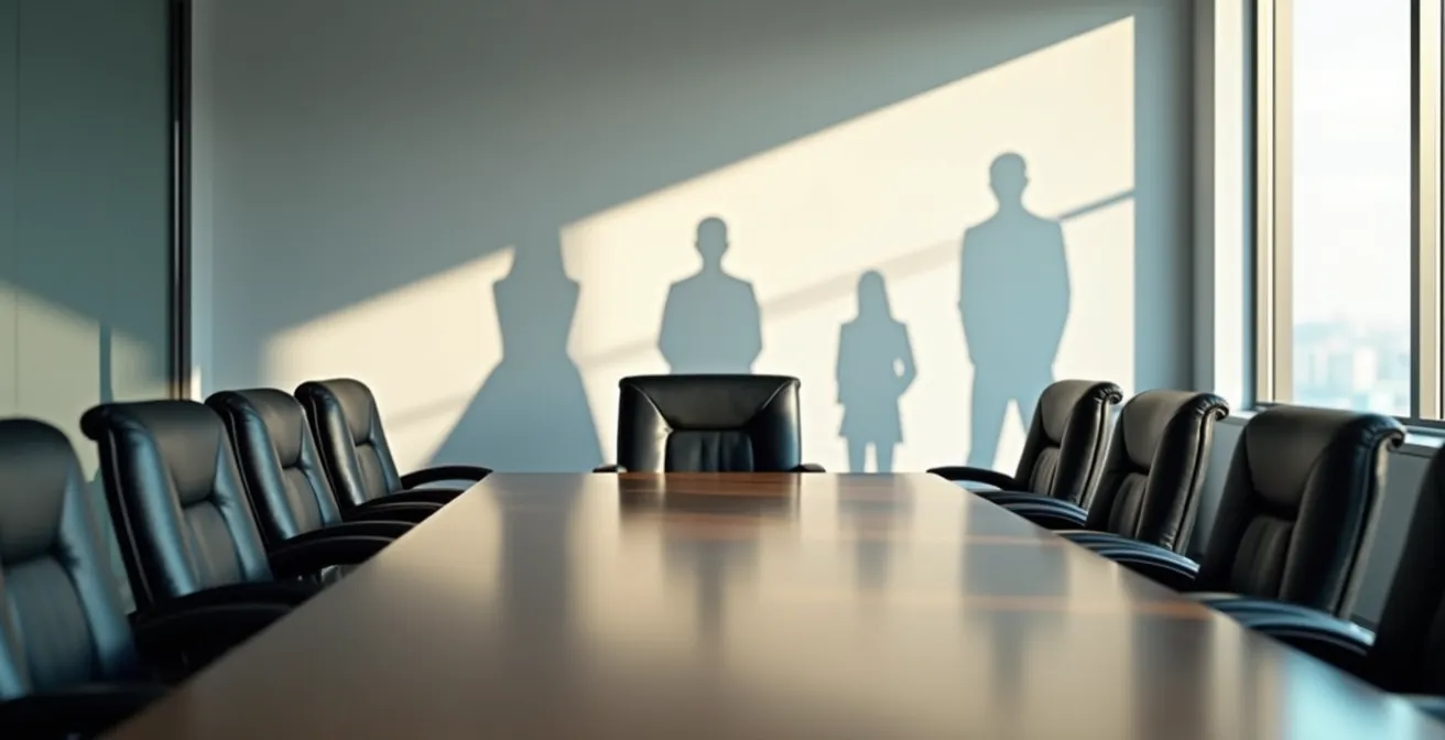 Empty executive boardroom chairs with diverse shadows cast on the wall