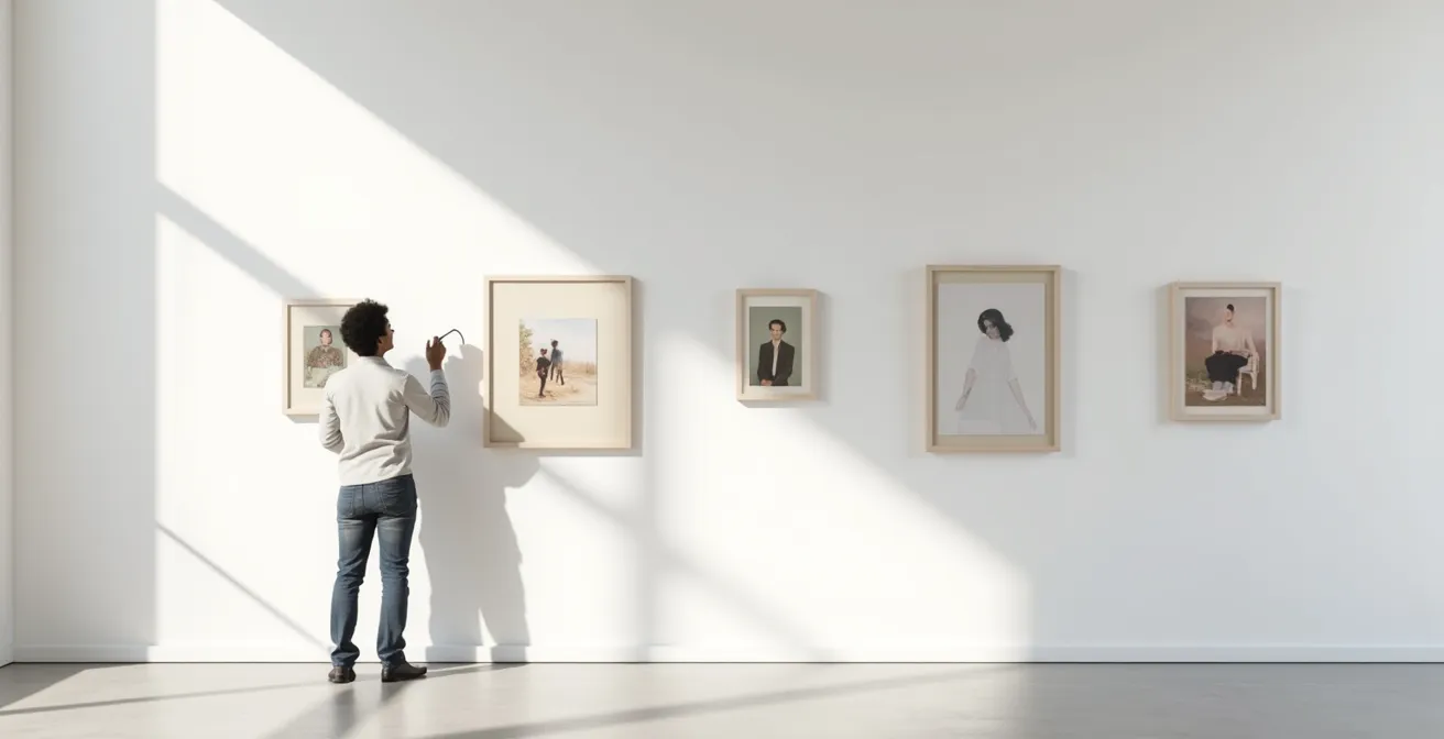 Artist organizing portfolio pieces showing problem-solving approach