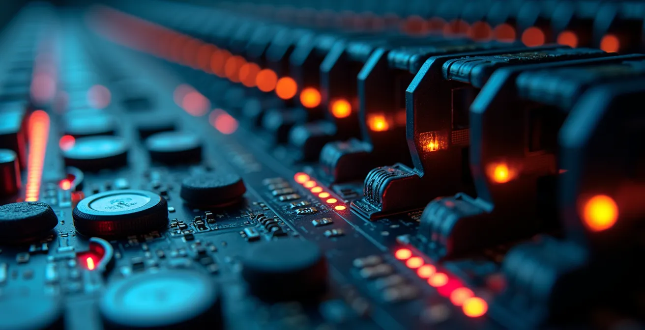 Extreme close-up of server hardware showing intricate circuit patterns and cooling elements.