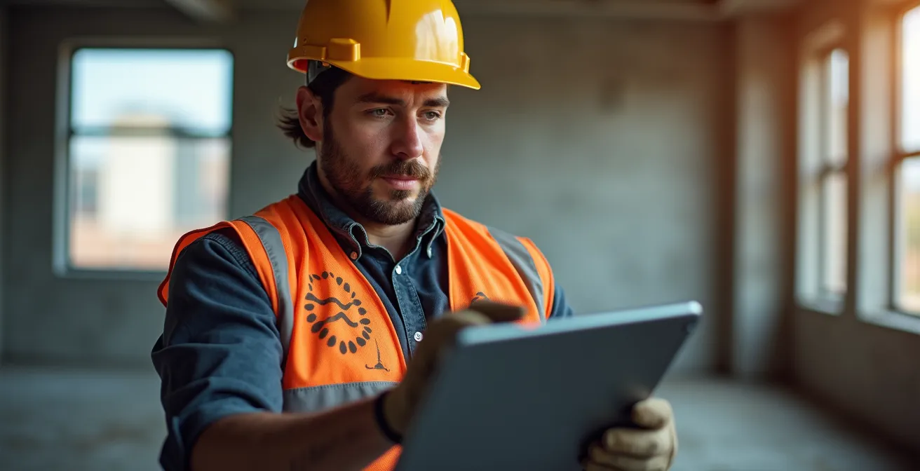 Construction professional using digital inspection technology on site