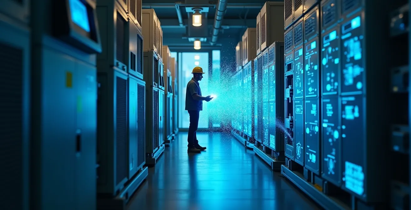 Facility manager analyzing real-time building data on a holographic display showing maintenance predictions