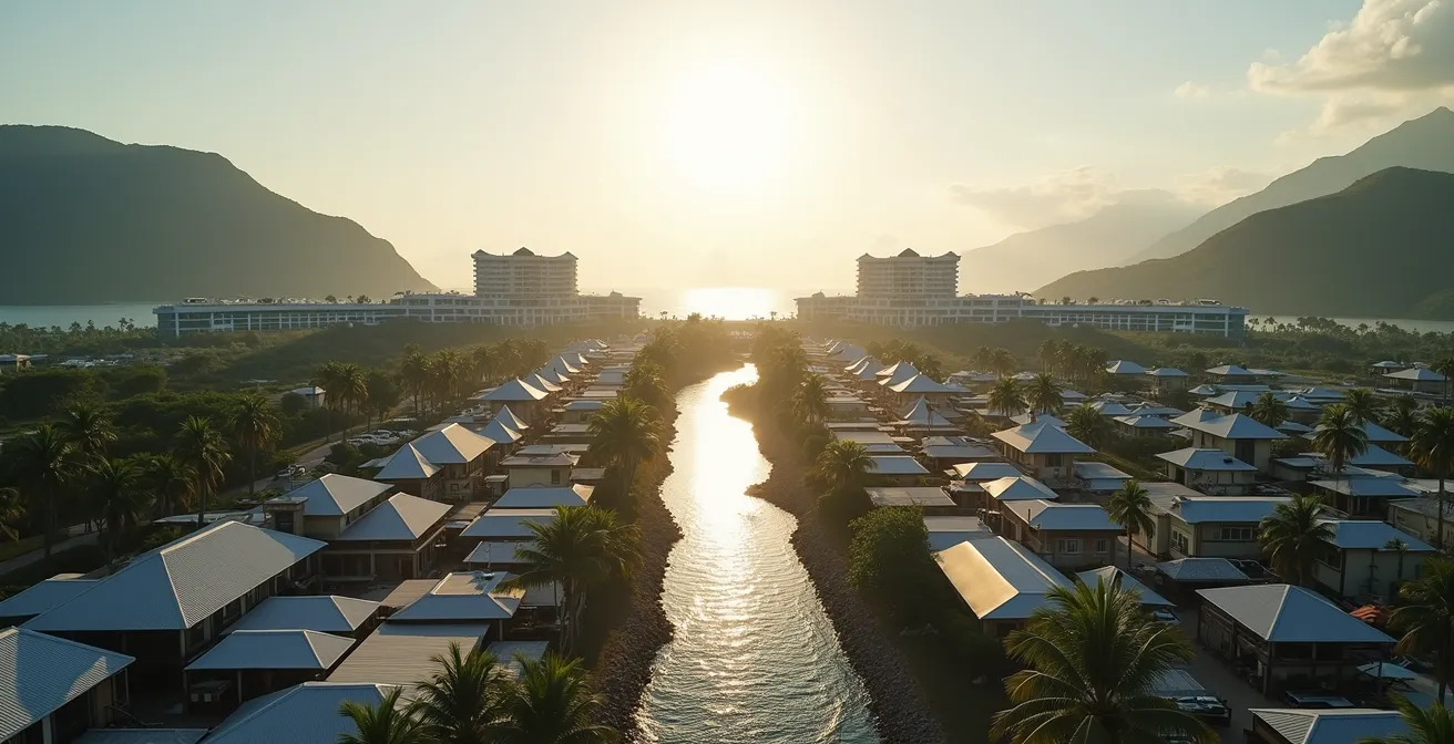 Wide environmental shot of resort complex contrasting with local community
