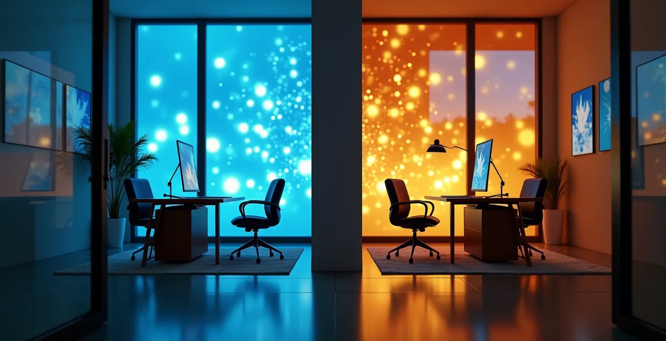 Split-screen visualization showing local edge computing versus cloud processing in smart home environments