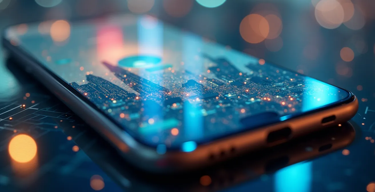 Modern cityscape showing innovative mobile banking and super-app interfaces reflected in skyscraper glass, with diverse young professionals from emerging markets