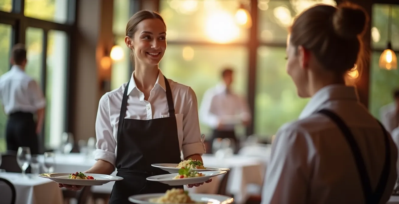 Wide shot of restaurant service staff in synchronized motion demonstrating controlled urgency