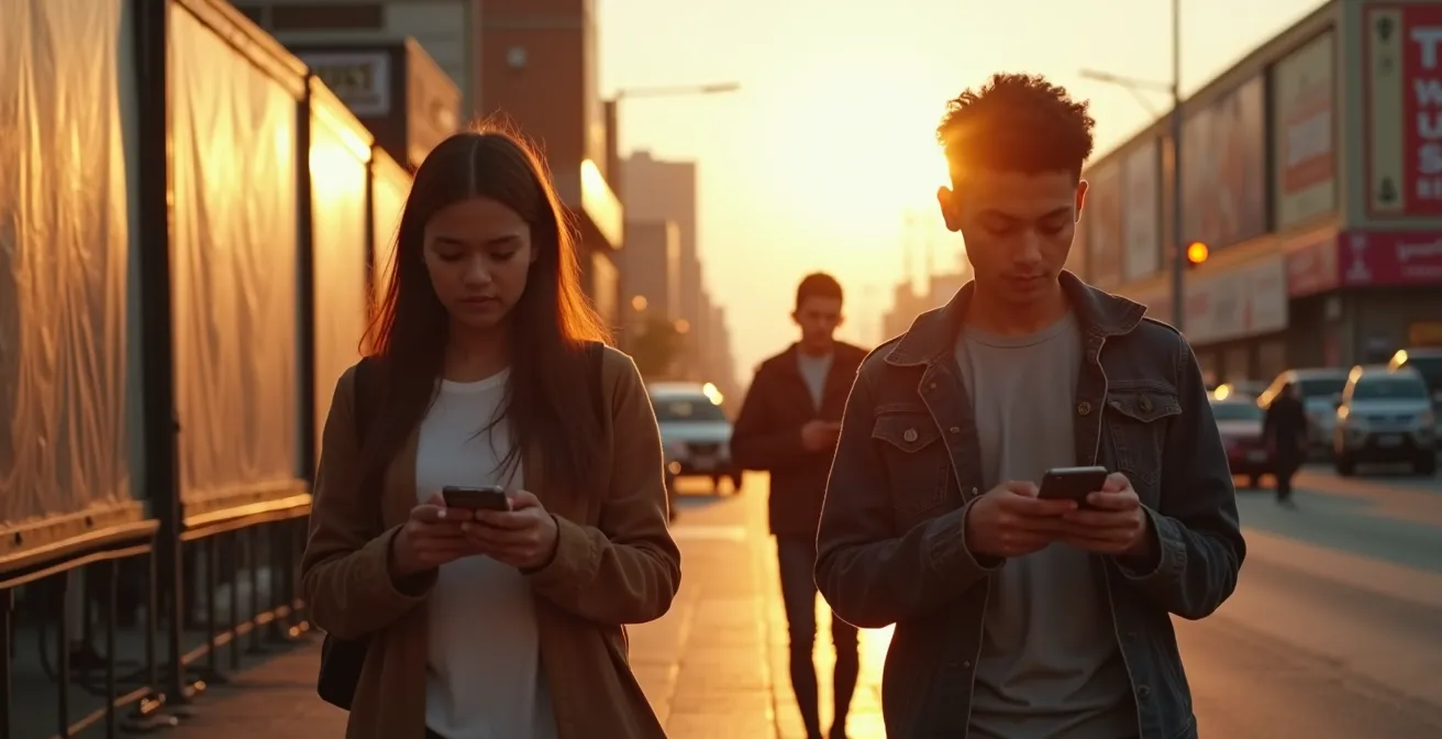 Young diverse consumers walking past faded vintage brand billboards while engaging with mobile devices showing authentic user-generated content