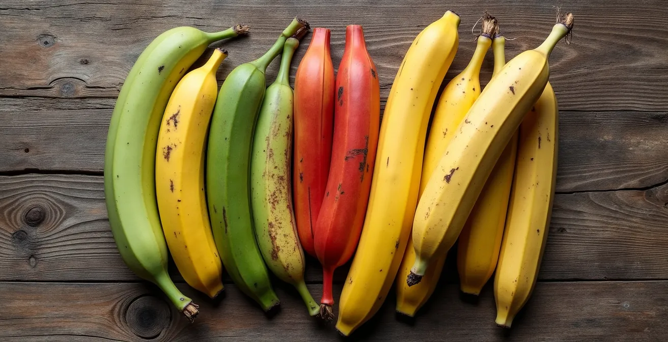Overhead view of different banana varieties showing color and size diversity