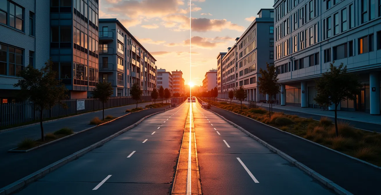 Split-view cityscape showing infrastructure transformation from youth-oriented to age-friendly design