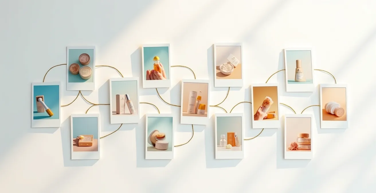 Nine Instagram posts arranged in a 3x3 grid showing a progressive beauty transformation story