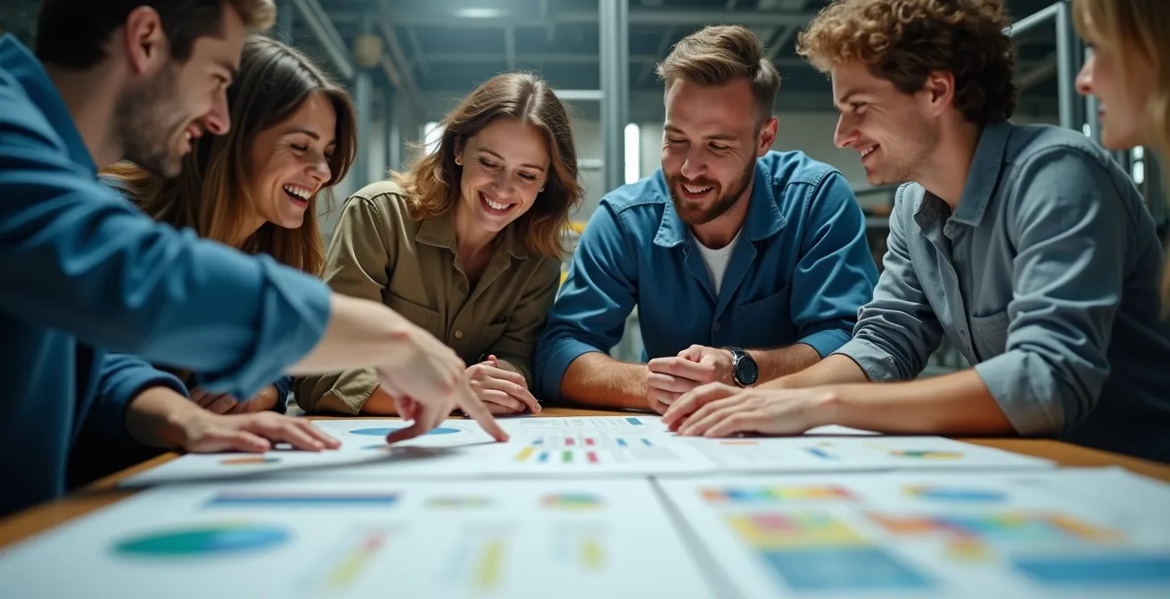 Shop floor workers engaged in collaborative problem-solving during a kaizen event