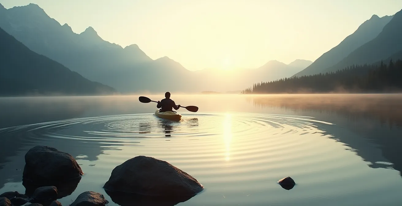 Wide shot of lone kayaker practicing self-rescue technique on misty mountain lake at dawn