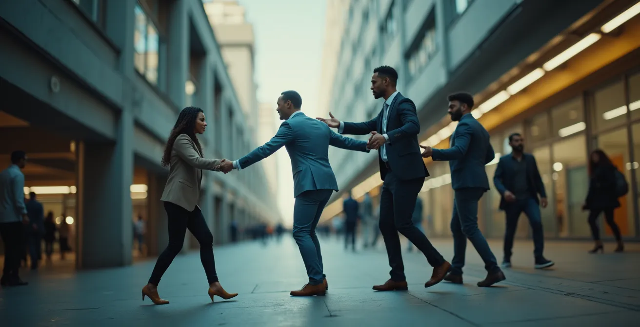 A professional team collaboratively crossing from an old, deteriorating structure to a sleek, modern platform, symbolizing a supported system transition.