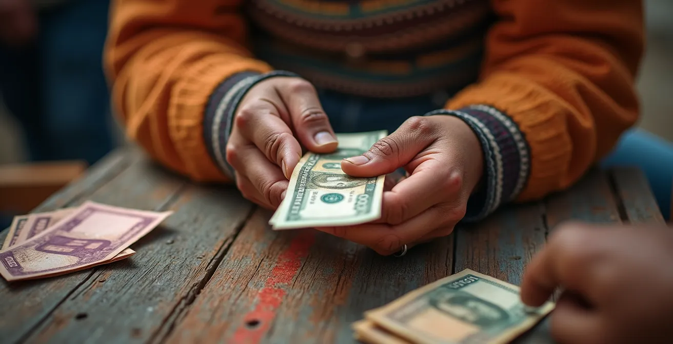 Local artisan market with tourists buying directly from community craftspeople