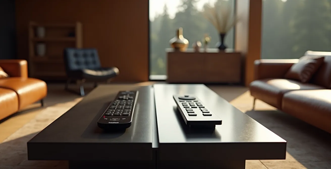 High-end residential living room showcasing invisible smart home integration