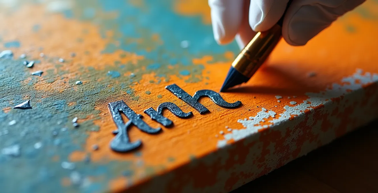 Extreme close-up of artist signature on canvas edge