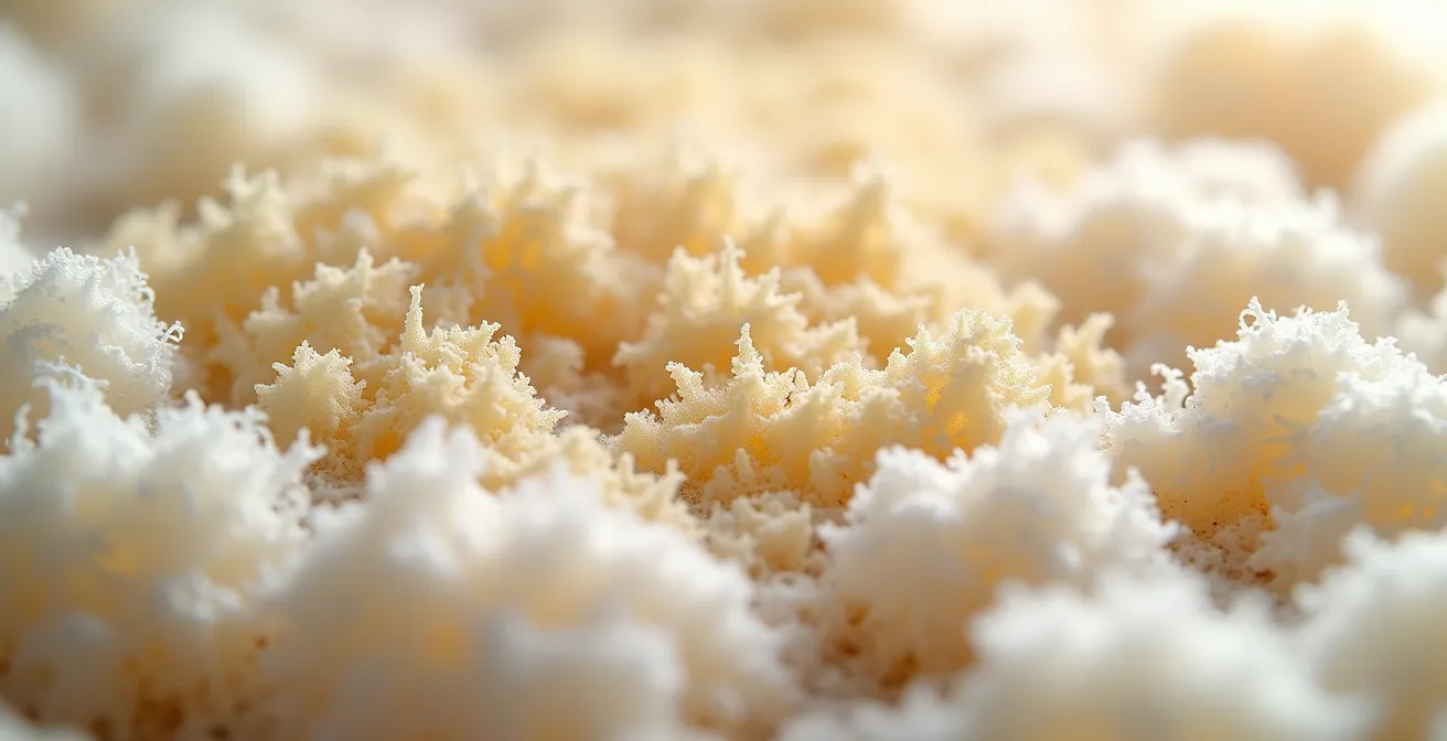 Extreme close-up of mycelium insulation material showing organic fibrous structure