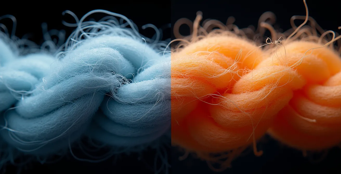 Extreme close-up comparison of merino wool and synthetic fiber structures