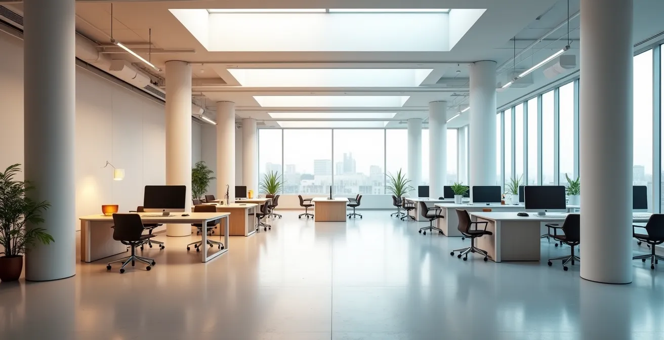 Split view showing a traditional corporate office on one side transitioning seamlessly into an innovative lab space on the other, representing gradual transformation