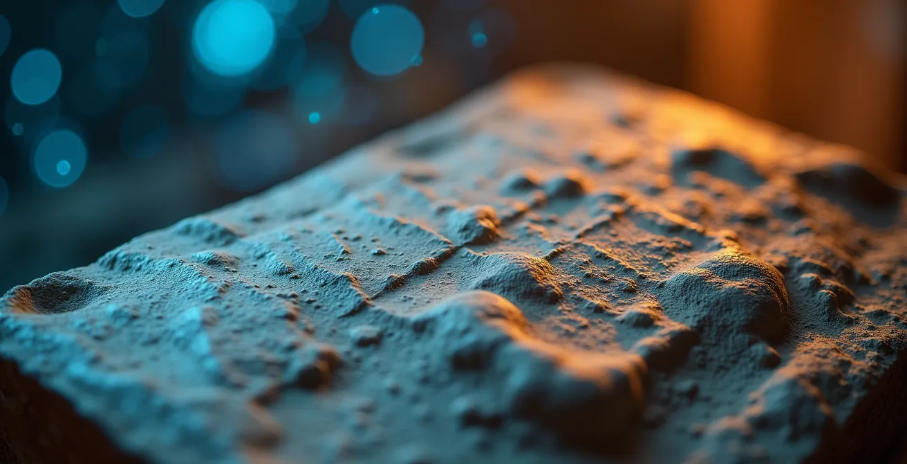 Extreme close-up of museum artifact surface with digital information layers floating above