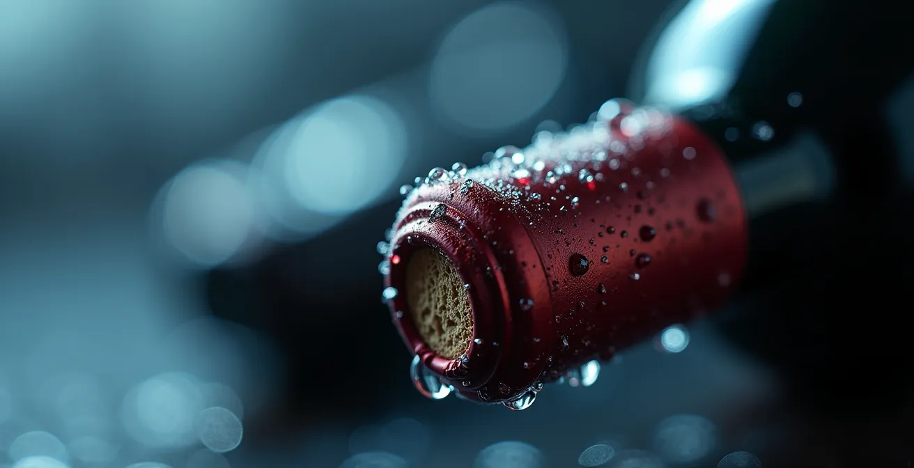 Extreme close-up of wine storage temperature monitoring system