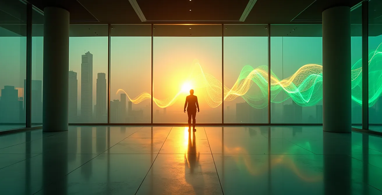 Abstract visualization of market recovery signals through upward trending light patterns