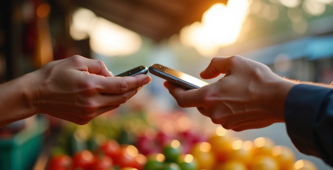 Close-up of hands using mobile payment on a smartphone in a local market setting
