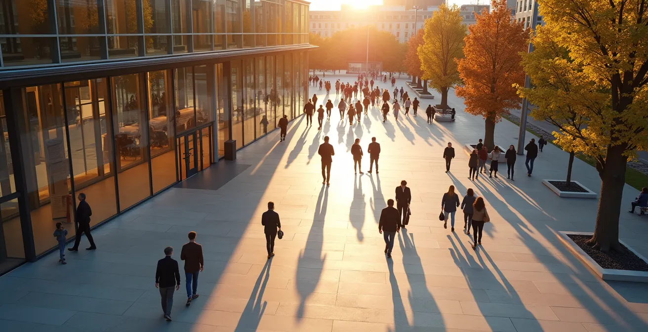 Wide shot of museum entrance showing visitor flow patterns in different seasonal lighting