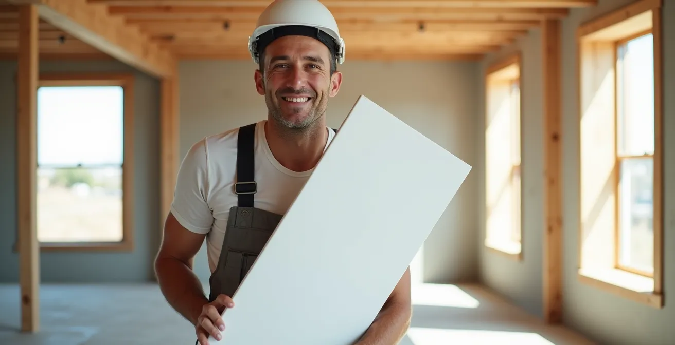 Installation of white mycelium insulation panels in modern building interior