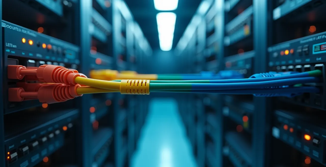 Wide angle photograph of network infrastructure showing physical separation and security layers