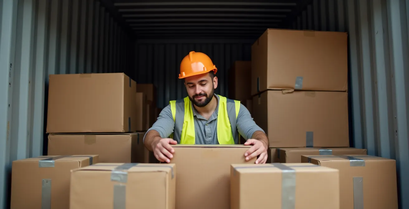 Efficient container loading with optimized packaging showing space utilization