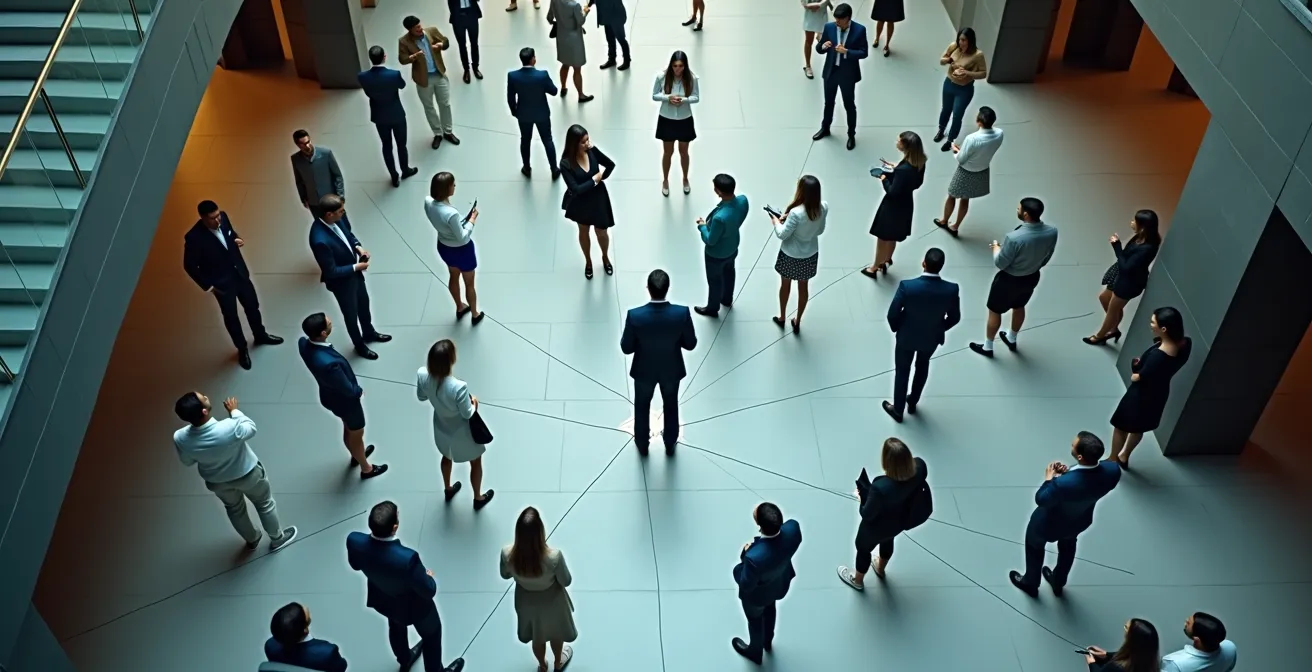 Network visualization showing interconnected professionals with key nodes highlighted as central hubs of influence.