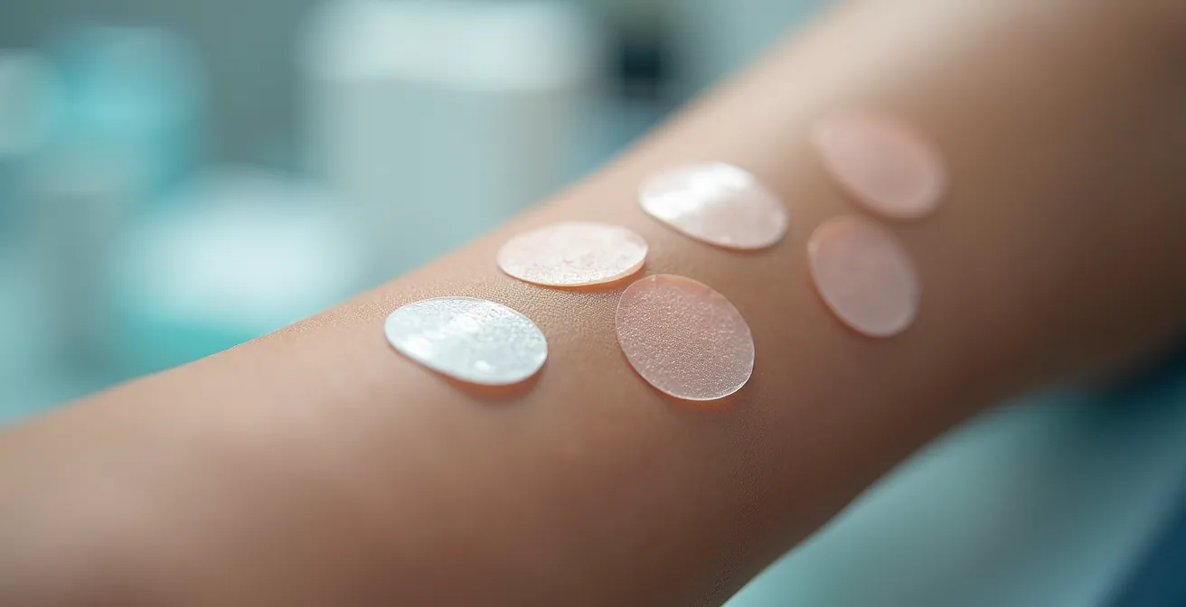 Macro view of skin patch testing with various test sites showing different reactions