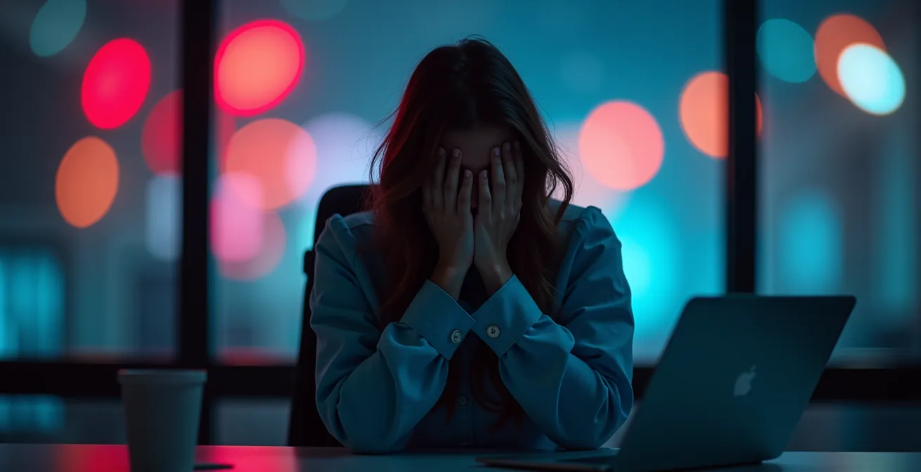 Individual at desk surrounded by blurred notification lights suggesting information overload