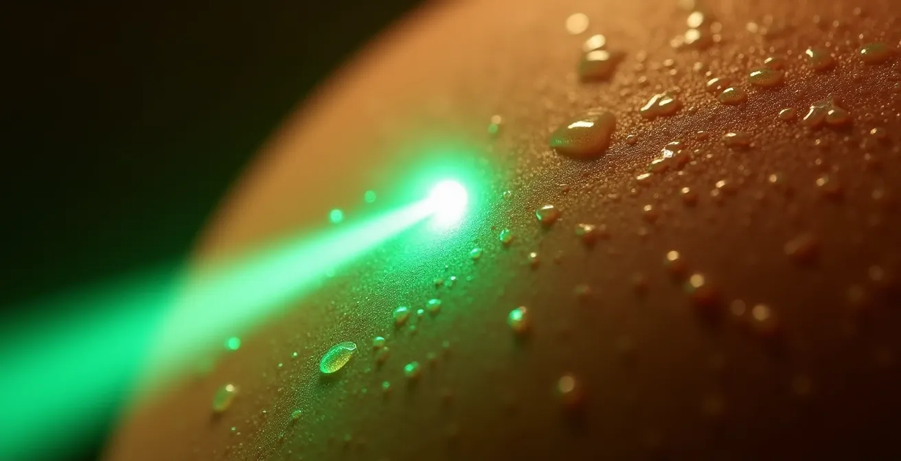 Macro view of green LED light penetrating different skin tones showing melanin absorption patterns