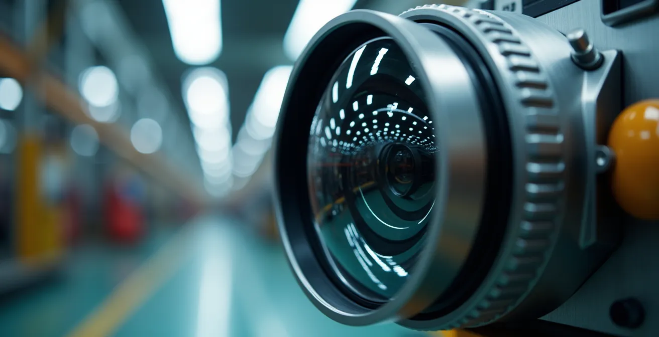 Remote factory audit setup with 360-degree camera equipment and digital monitoring