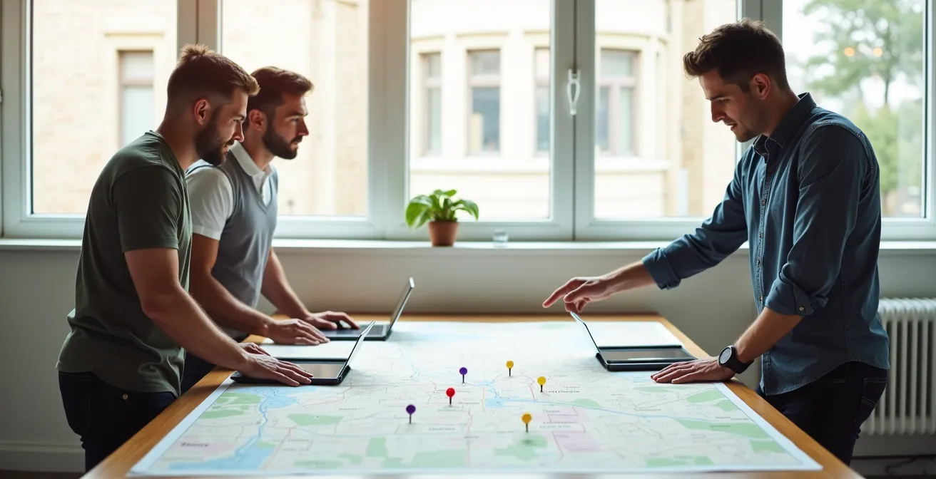 Multiple restaurant representatives planning shared delivery logistics around map